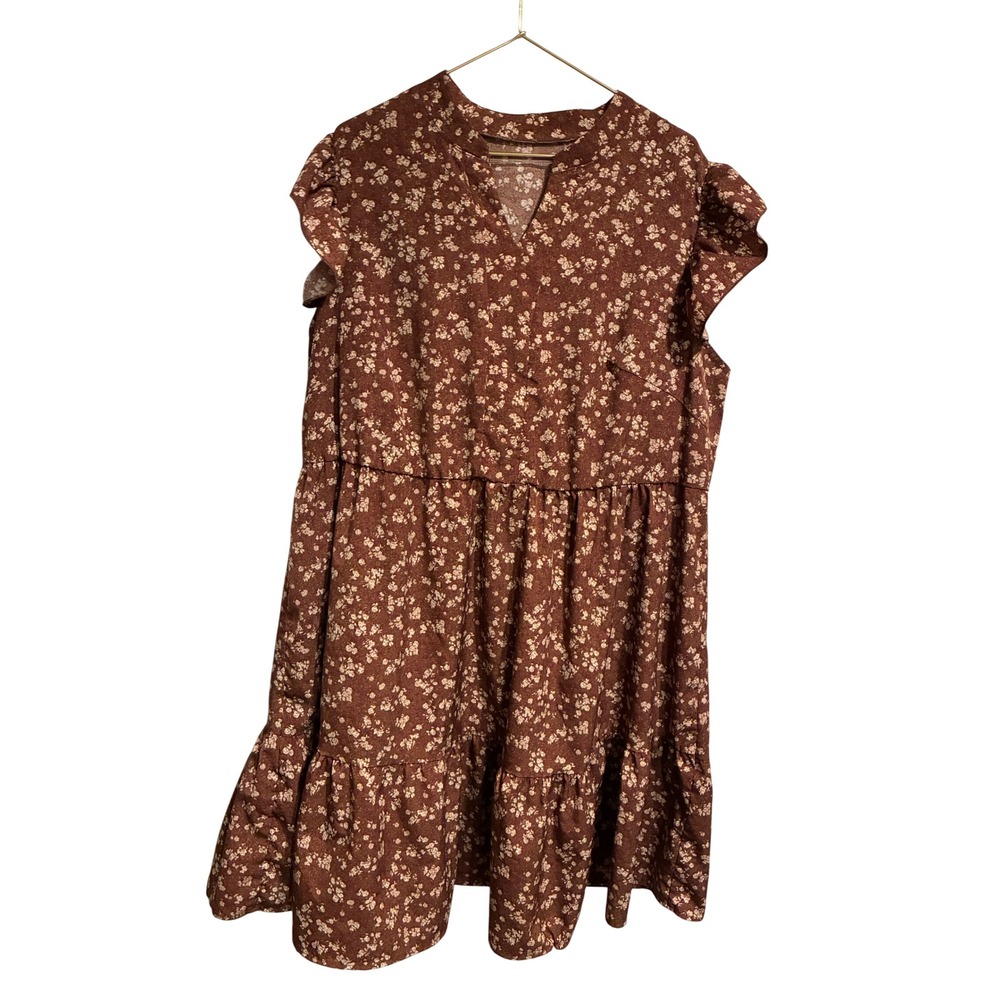 Shein Curve Brown Floral Ruffle Sleeve Tiered Babydoll Smock Dress 1XL
